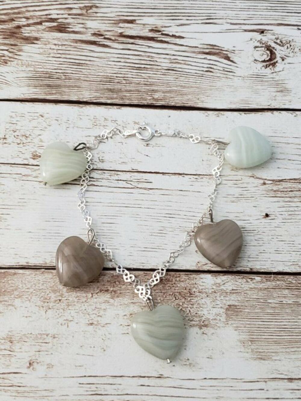 Shades of Green Glass Heart Charm Bracelet With Sterling Silver Chain
